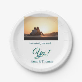 Er fragte, sie sagte ja Foto verlobt blau grün Pappteller