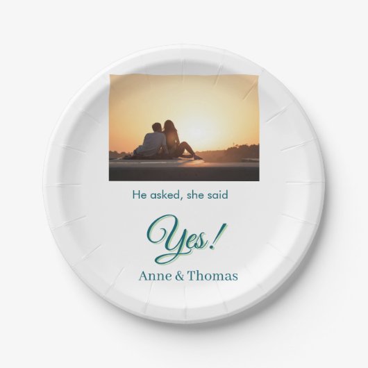 Er fragte, sie sagte ja Foto verlobt blau grün Pappteller (Vorderseite)