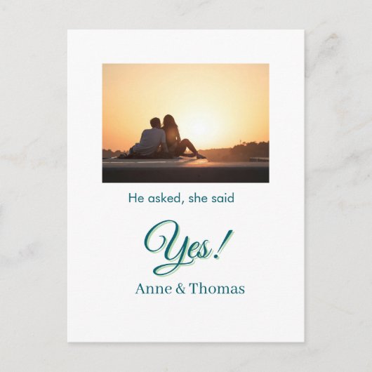 Er fragte, sie sagte ja Foto verlobt blau grün Postkarte (Vorderseite)