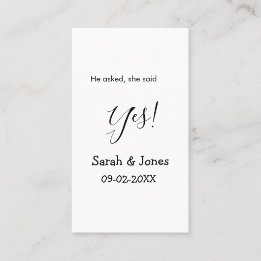 Er fragte, sie sagte ja Verlobung einfach minimal Visitenkarte (Vorderseite)