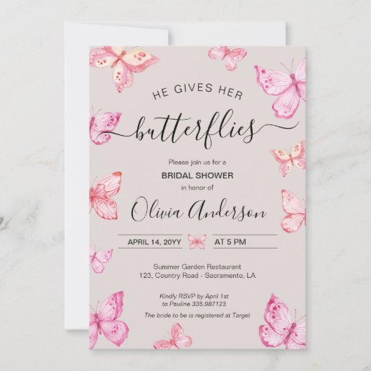 Er gibt ihr das Brautparty der Schmetterlinge Einladung (Vorderseite)
