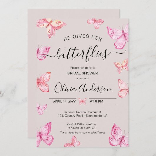 Er gibt ihr das Brautparty der Schmetterlinge Einladung (Vorne/Hinten)