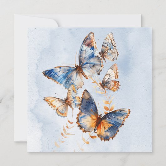 Er gibt mir Butterflies blaues Brautparty Einladung (Rückseite)