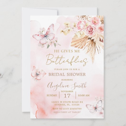 Er gibt mir Butterflies Boho Brautparty Einladung (Vorderseite)