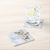 Er gibt mir Schmetterlinge blaues modernes Brautpa Rechteckiger Pappuntersetzer (Vor Ort)