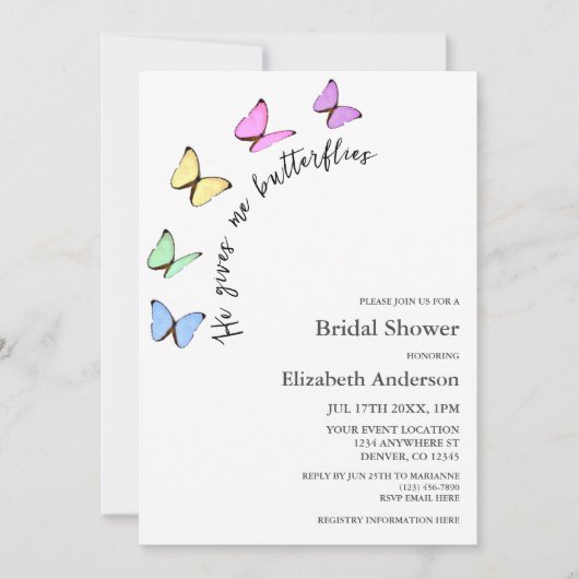 Er gibt mir Schmetterlinge Brautparty Einladung (Vorderseite)