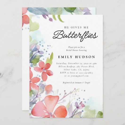 Er gibt mir Schmetterlinge Brautparty Einladung (Vorne/Hinten)