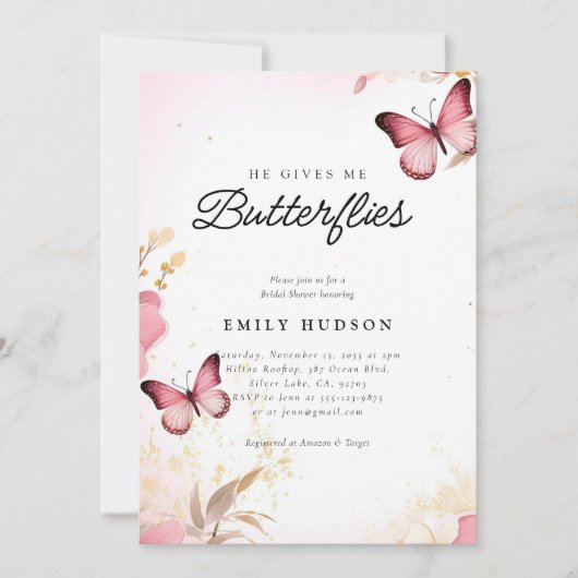 Er gibt mir Schmetterlinge Brautparty Einladung (Vorderseite)