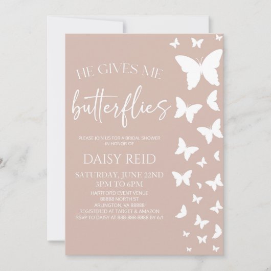 Er gibt mir Schmetterlinge Brautparty Einladung (Vorderseite)