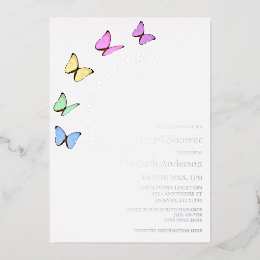 Er gibt mir Schmetterlinge Brautparty Folieneinladung (Vorderseite)