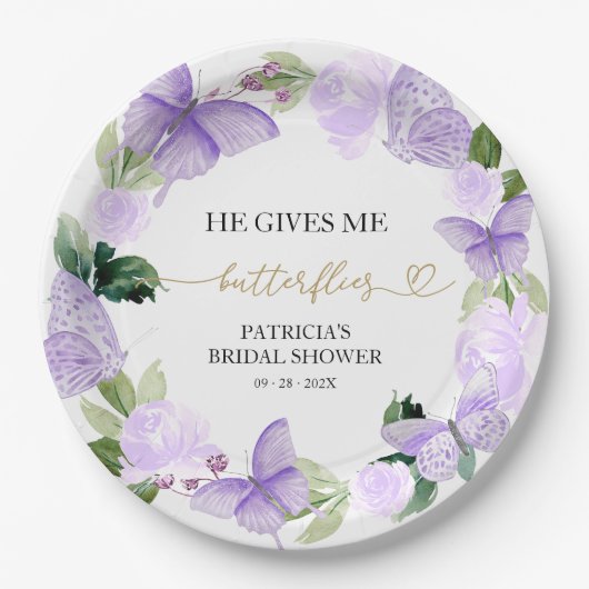 Er gibt mir Schmetterlinge Brautparty Lila Pappteller (Vorderseite)