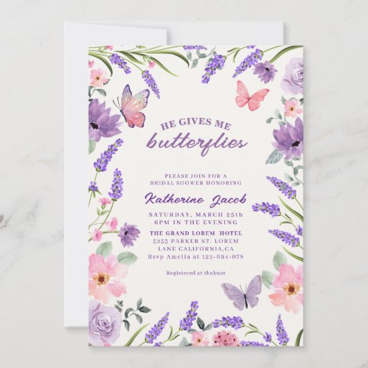 Er gibt mir Schmetterlinge Lavendel Brautparty Einladung (Vorderseite)