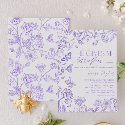 Er gibt mir Schmetterlinge Lavender Vintage Dusche Einladung
