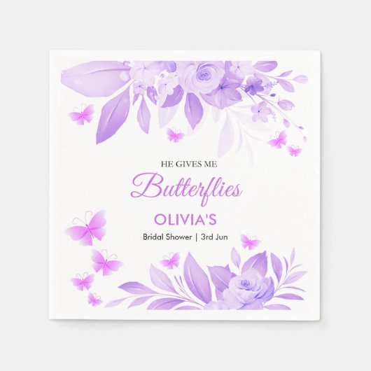 Er gibt mir Schmetterlinge Lila Brautparty Serviette (Vorderseite)