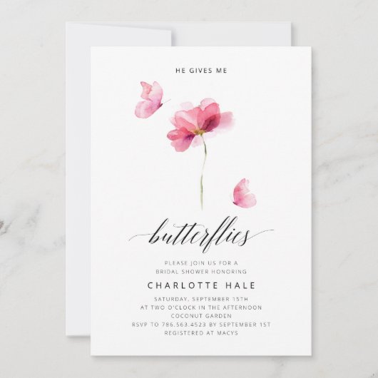 Er gibt mir Schmetterlinge pinkes Brautparty Einladung (Vorderseite)