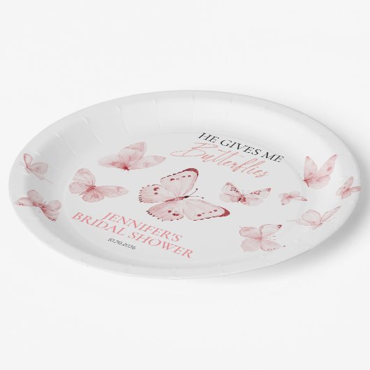 Er gibt mir Schmetterlinge pinkfarbenes Brautparty Pappteller (Schrägansicht)