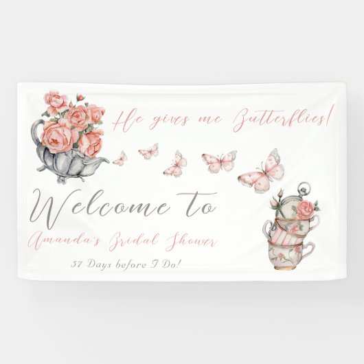 Er gibt mir Schmetterlinge Tee-Blumendusche Willko Banner (Horizontal)