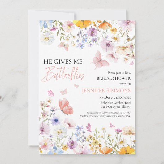 Er gibt mir Schmetterlinge Wildblume Brautparty Einladung (Vorderseite)