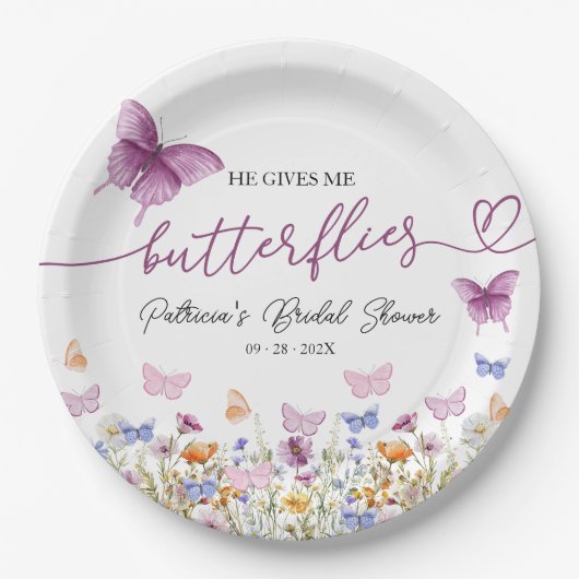 Er gibt mir Schmetterlinge Wildblume Brautparty Pappteller (Vorderseite)