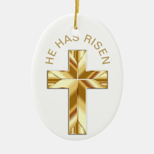 Er hat das weiße, religiöse goldene Kreuzfeuer aus Keramik Ornament (Vorne)