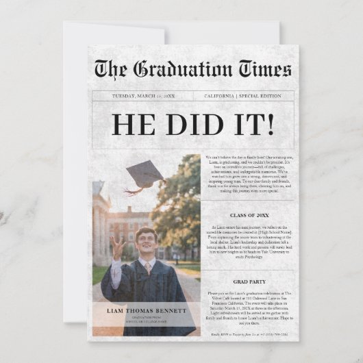 Er hat es getan | Budget Abschluss Newspaper Foto Einladung (Vorderseite)