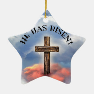 Er hat gestiegenes schroffes Kreuz mit Wolken Keramik Ornament