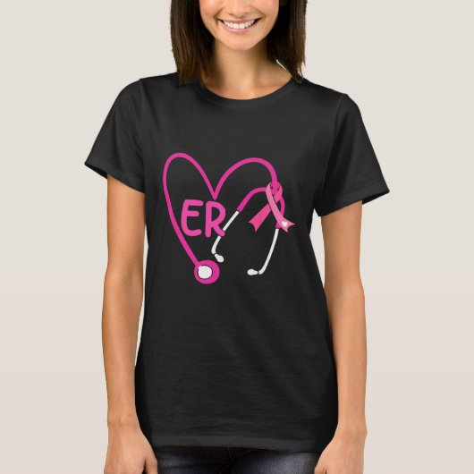 Er Herz Stethoskop rosa Ribbon Brustkrebs er T-Shirt (Vorderseite)