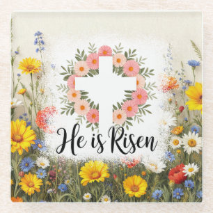 Er ist auferstanden Florales Kreuz Ostern Christli Glasuntersetzer