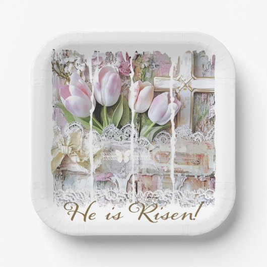 Er ist Christlicher Risen Oaster Tulip Cross Vinta Pappteller (Vorderseite)