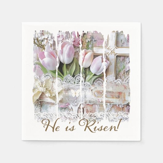 Er ist Christlicher Risen Oaster Tulip Cross Vinta Serviette (Vorderseite)