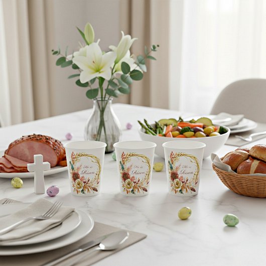 Er ist der Risen boho Blumenkranz Oster Pappbecher