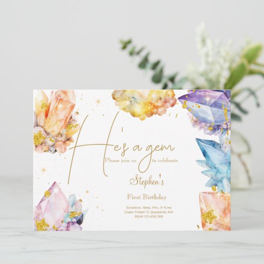 Er ist ein Gem Birthday Crystals Boy's Aquarell Einladung (Stehend Vorderseite)