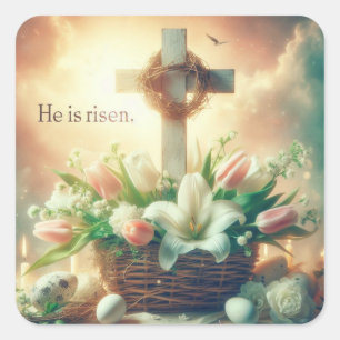 Er ist ein Risen Cross mit Krone von Thorns Quadratischer Aufkleber