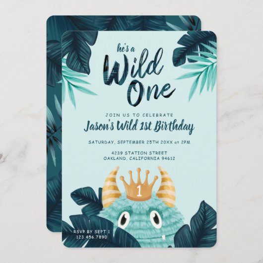 Er ist ein Wild One Blue Monster & Tropical Jungle Einladung (Vorne/Hinten)