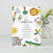 Er ist ein Wild One' Fun Jungle Animals 1. Geburts Einladung (Stehend Vorderseite)