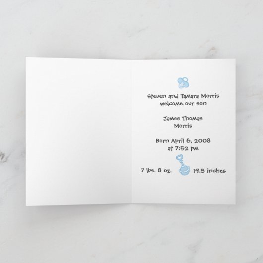 "Er ist hier!" Baby Boy Birth Ankündigung (Innenseite)