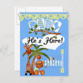 Er ist hier, eine Boy Ankunftskarte und eine Postk Ankündigungspostkarte (Vorne/Hinten)