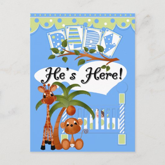 Er ist hier, eine Boy Ankunftskarte und eine Postk Ankündigungspostkarte (Vorderseite)