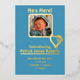 Er ist hier Geburtsankündigung von Foil & Foto Folieneinladung