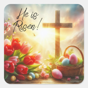 Er ist mit Ostereiern und Tulpen überkreuzt Quadratischer Aufkleber