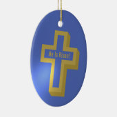 Er ist Rised Gold Lit Christlich Cross Blue Oaster Keramik Ornament (Rechts)