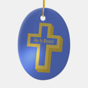 Er ist Rised Gold Lit Christlich Cross Blue Oaster Keramik Ornament