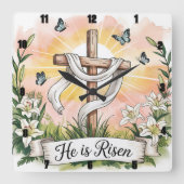 Er ist Risen Cross Lilies Oaster Quadratische Wanduhr (Vorderseite)