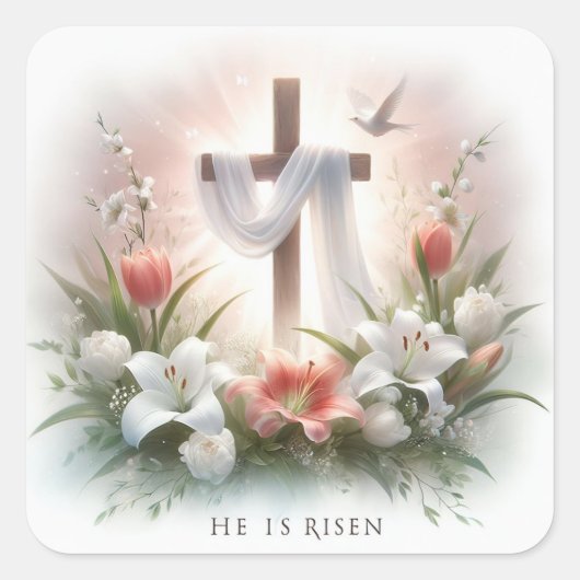 Er ist Risen Cross mit Osterlilies Quadratischer Aufkleber (Vorderseite)