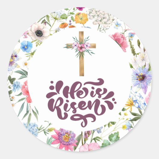Er ist Risen | Floral Ostern | Religiös Runder Aufkleber (Vorderseite)