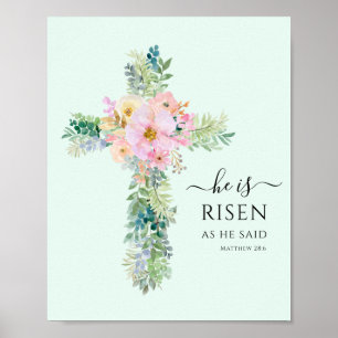Er ist Risen Green Watercolor Cross Poster