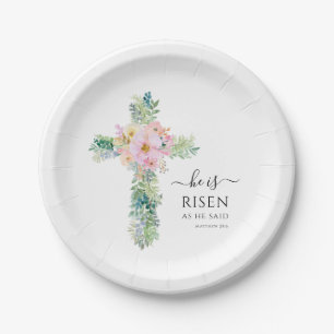 Er ist Risen Greenery Watercolor Cross Oster Pappteller