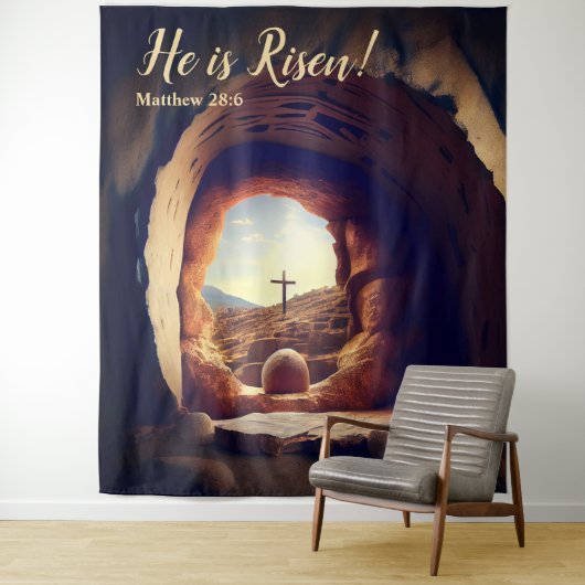 Er ist Risen! Jesus auferstand leeres Grab Wandteppich (Beispiel)