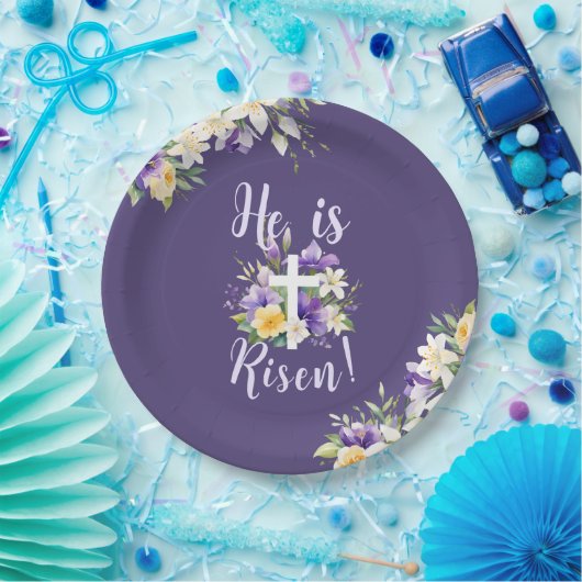"Er ist Risen!" Lila florales religiöses Ostern Pappteller (Party)