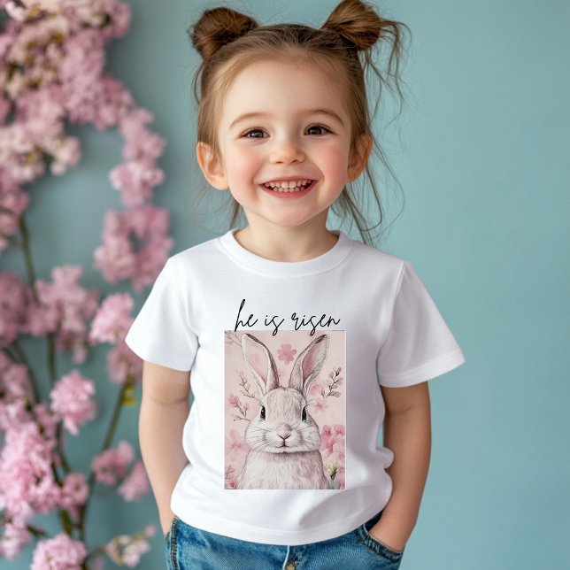 "Er ist Risen" Pink Bunny mit Blume Baby T-shirt (Von Creator hochgeladen)